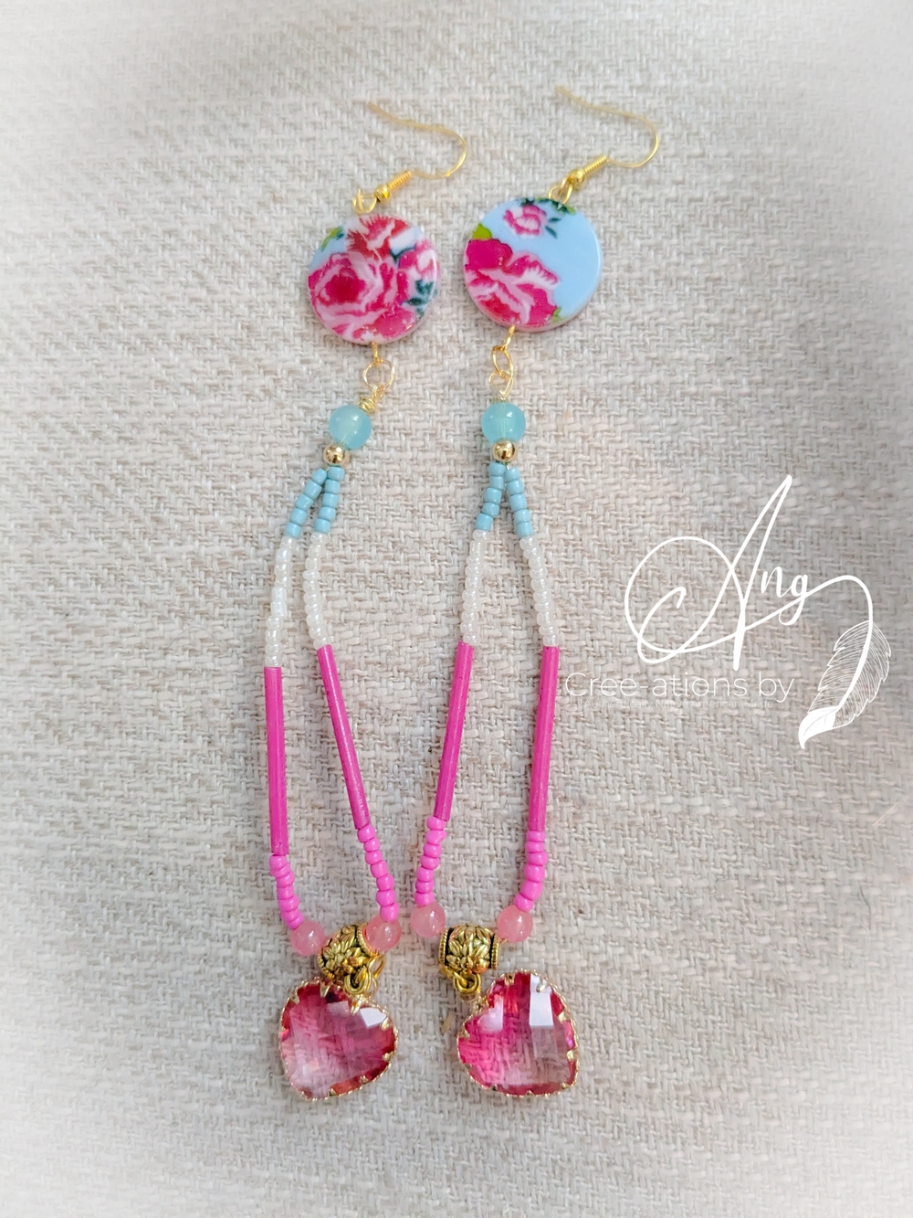 Indigenous Pink & Blue Beaded Kokum Scarf Heart Dangle Earrings